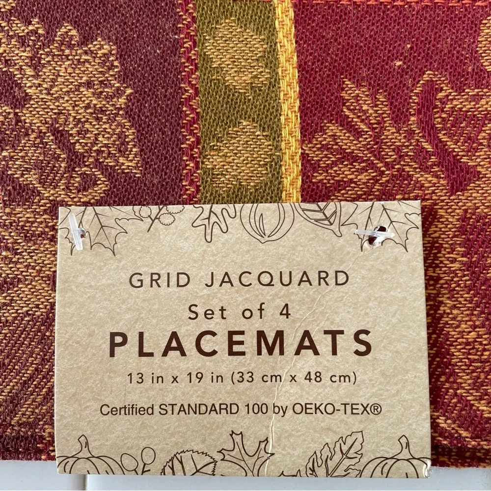 Autumn Harvest Placemats Grid Jacquard Pumpkin Fall Leaves Set of Four 13”x19”